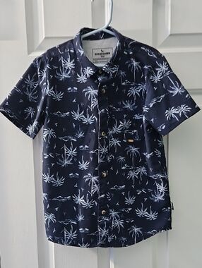 Eddie Bauer Navy & White Palm-Print Short Sleeve Button-Down